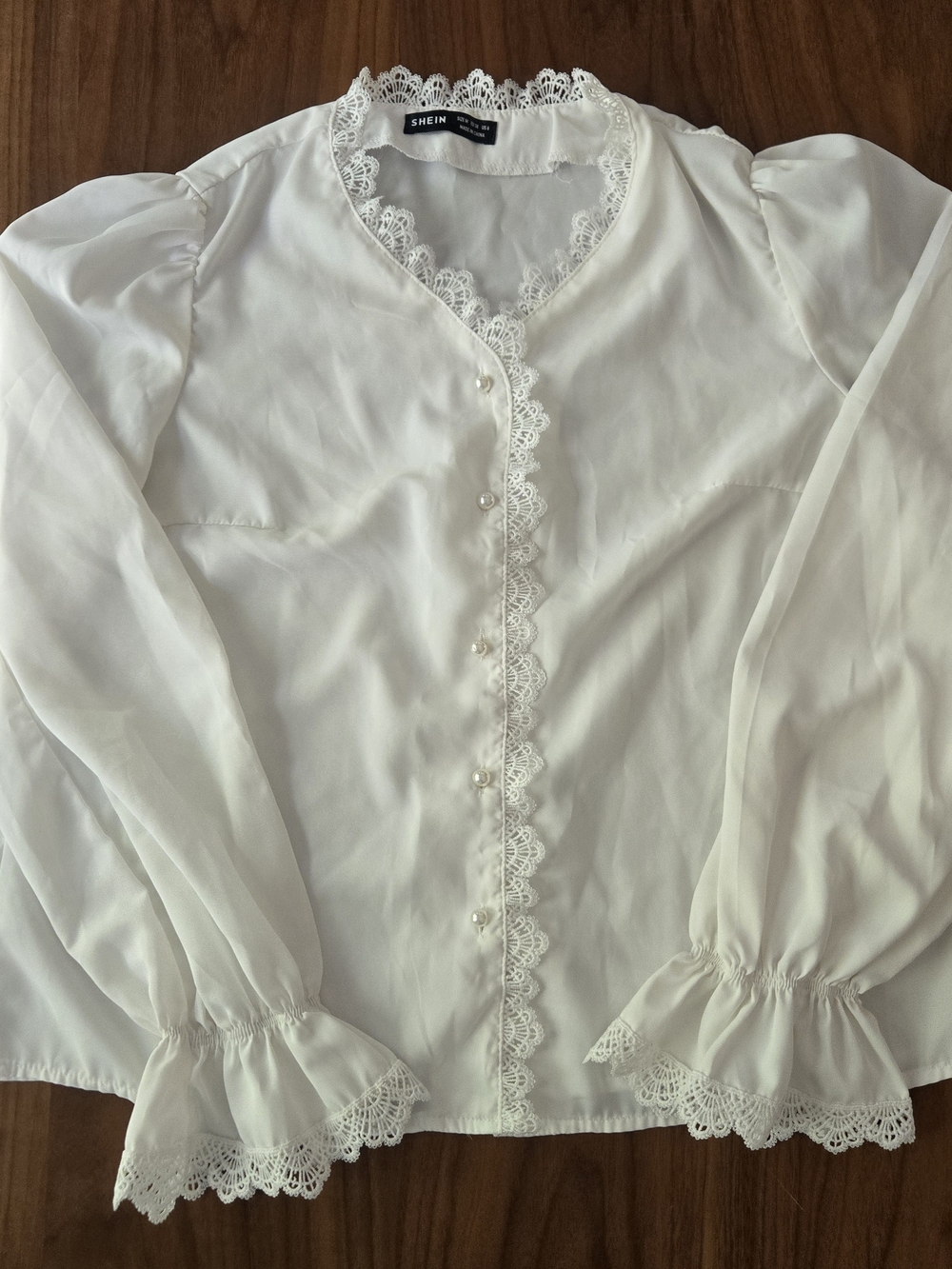 Coquette White Lace Placket V-Neck Puff Sleeve Top Victorian Fairy M